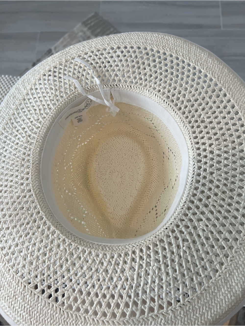 Wide Brim Straw Sun Hat with Patterned Band - Ivory - Picture 3 of 4